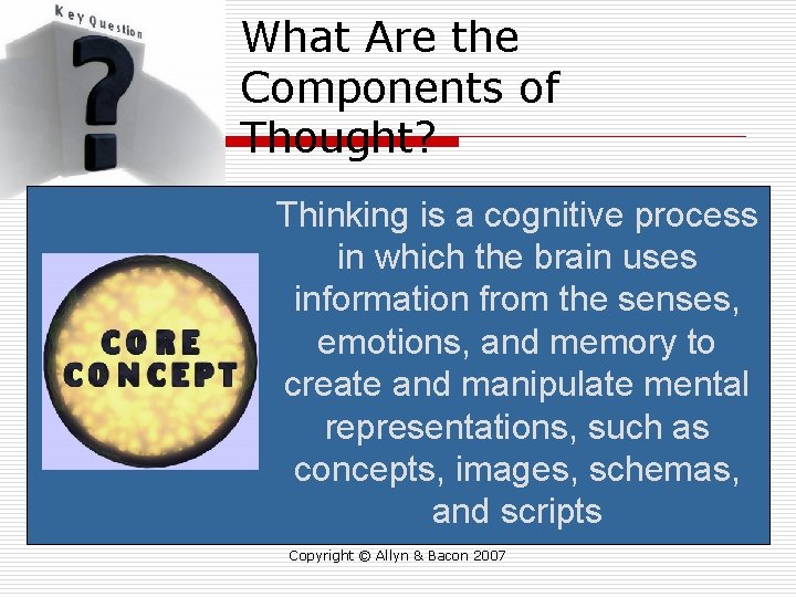 What Are the Components of Thought? Thinking is a cognitive process in which the