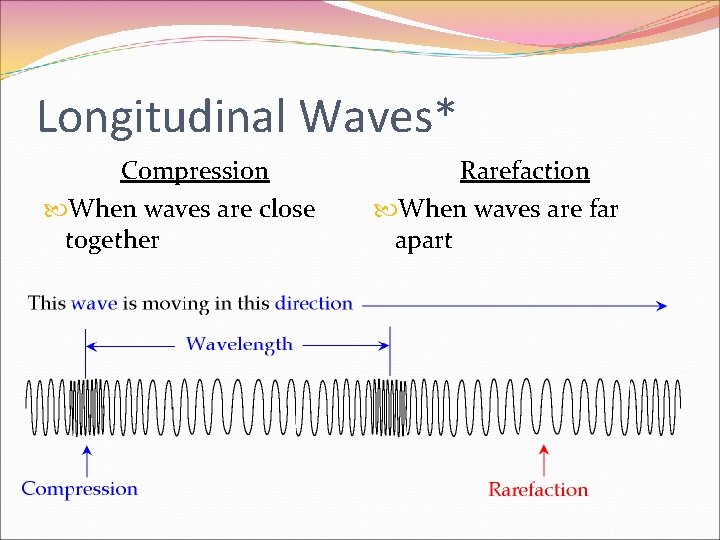 Longitudinal Waves* Compression When waves are close together Rarefaction When waves are far apart