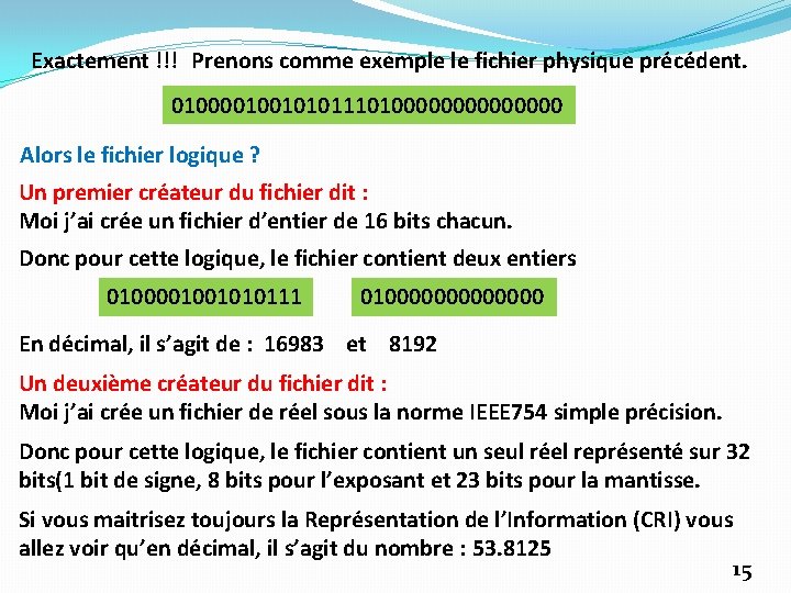 Exactement !!! Prenons comme exemple le fichier physique précédent. 0100001001010111010000000 Alors le fichier logique