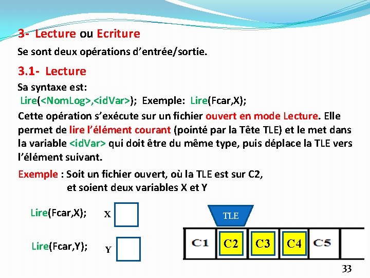 3 - Lecture ou Ecriture Se sont deux opérations d’entrée/sortie. 3. 1 - Lecture