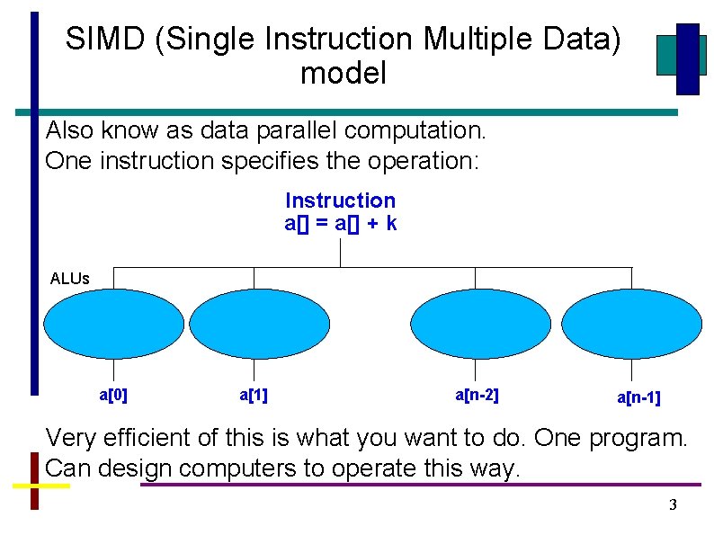 SIMD (Single Instruction Multiple Data) model Also know as data parallel computation. One instruction