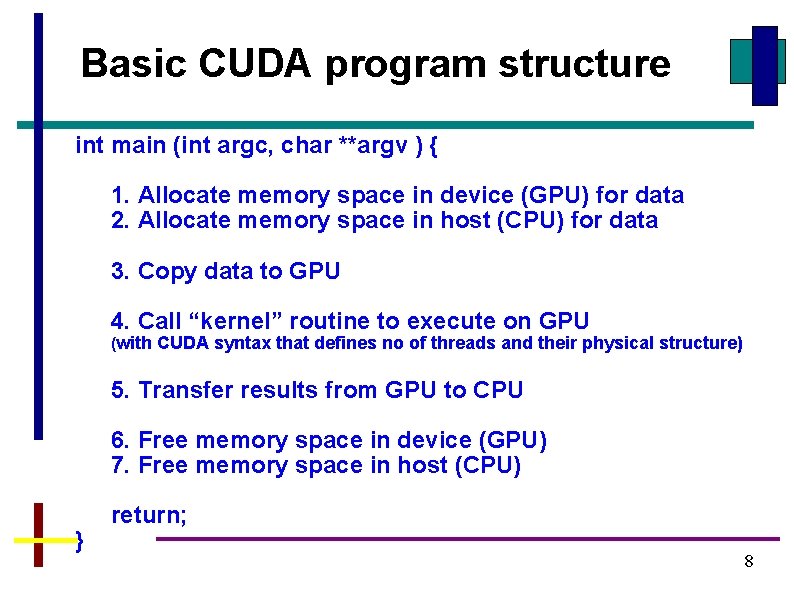 Basic CUDA program structure int main (int argc, char **argv ) { 1. Allocate