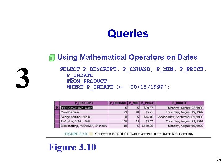 Queries 4 Using Mathematical Operators on Dates 3 SELECT P_DESCRIPT, P_ONHAND, P_MIN, P_PRICE, P_INDATE
