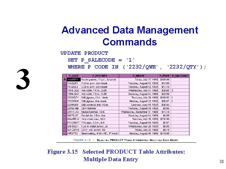 Advanced Data Management Commands 3 UPDATE PRODUCT SET P_SALECODE = ‘ 1’ WHERE P_CODE