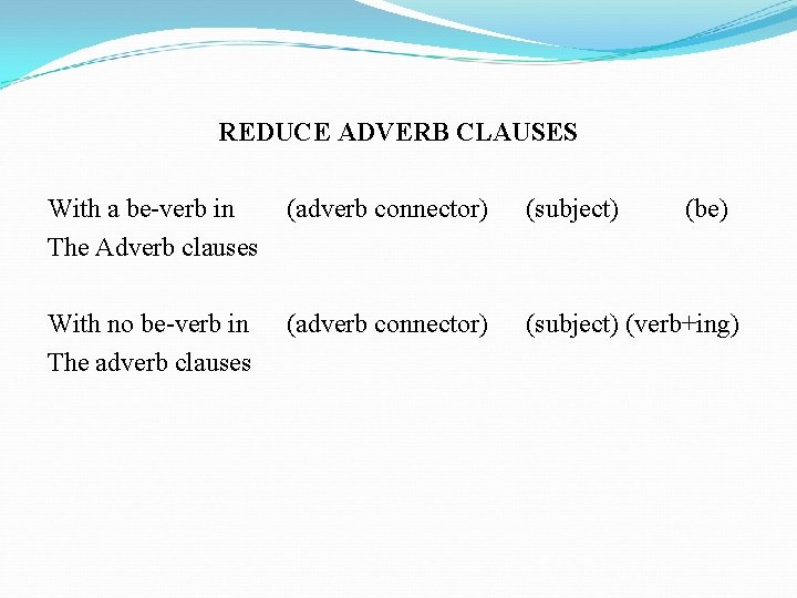 REDUCE ADVERB CLAUSES With a be-verb in The Adverb clauses (adverb connector) (subject) (be)