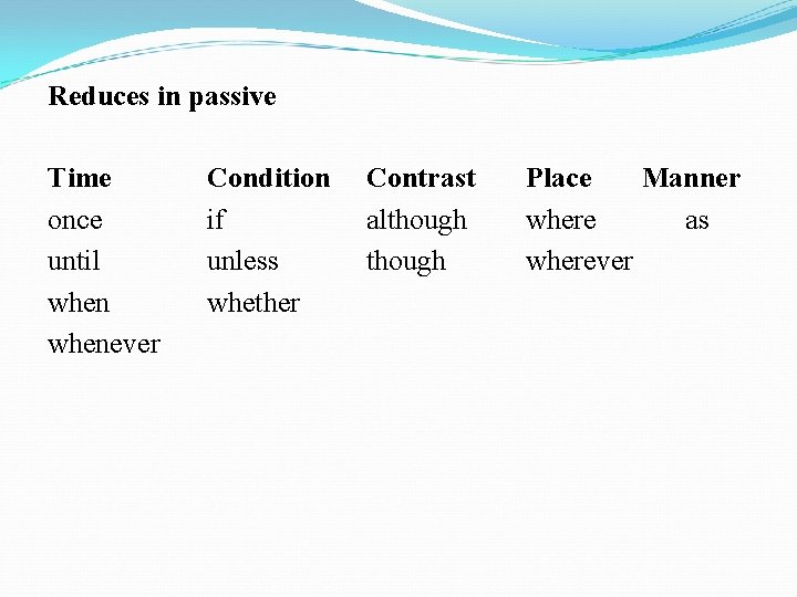 Reduces in passive Time once until whenever Condition if unless whether Contrast although Place