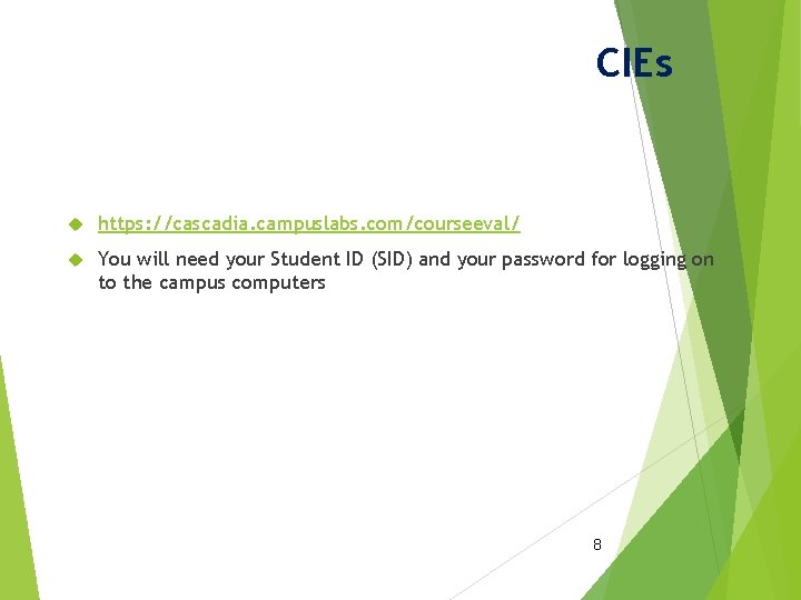 CIEs https: //cascadia. campuslabs. com/courseeval/ You will need your Student ID (SID) and your