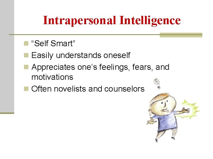 Intrapersonal Intelligence n “Self Smart” n Easily understands oneself n Appreciates one’s feelings, fears,