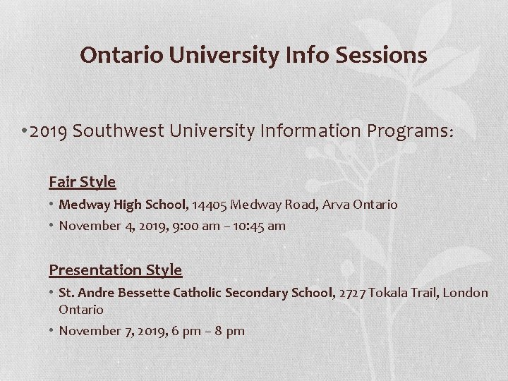 Ontario University Info Sessions • 2019 Southwest University Information Programs : Fair Style •