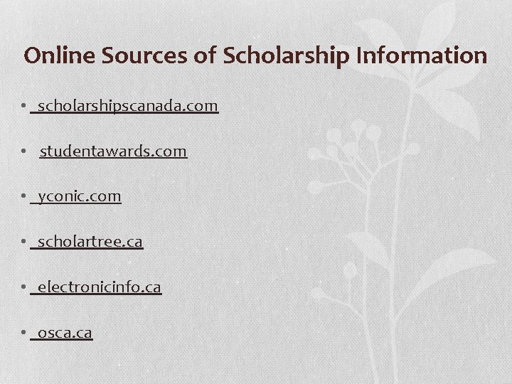 Online Sources of Scholarship Information • scholarshipscanada. com • studentawards. com • yconic. com