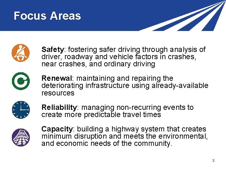 Focus Areas Safety: fostering safer driving through analysis of driver, roadway and vehicle factors