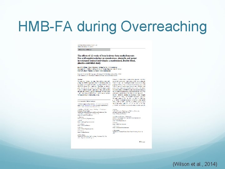 HMB-FA during Overreaching (Wilson et al. , 2014) 