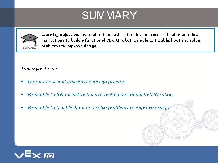 SUMMARY Learning objective: Learn about and utilise the design process. Be able to follow
