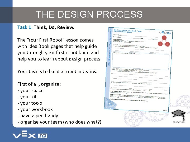 THE DESIGN PROCESS Task 1: Think, Do, Review. The ‘Your First Robot’ lesson comes