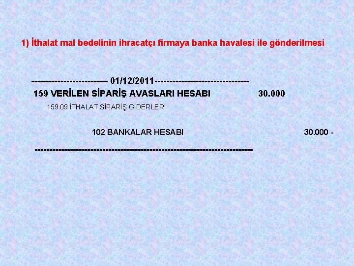 1) İthalat mal bedelinin ihracatçı firmaya banka havalesi ile gönderilmesi ------------- 01/12/2011 ----------------159 VERİLEN