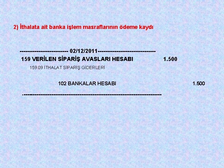 2) İthalata ait banka işlem masraflarının ödeme kaydı ------------- 02/12/2011 ---------------159 VERİLEN SİPARİŞ AVASLARI