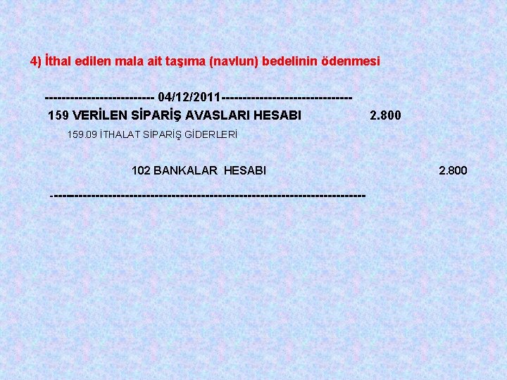 4) İthal edilen mala ait taşıma (navlun) bedelinin ödenmesi ------------- 04/12/2011 ---------------159 VERİLEN SİPARİŞ