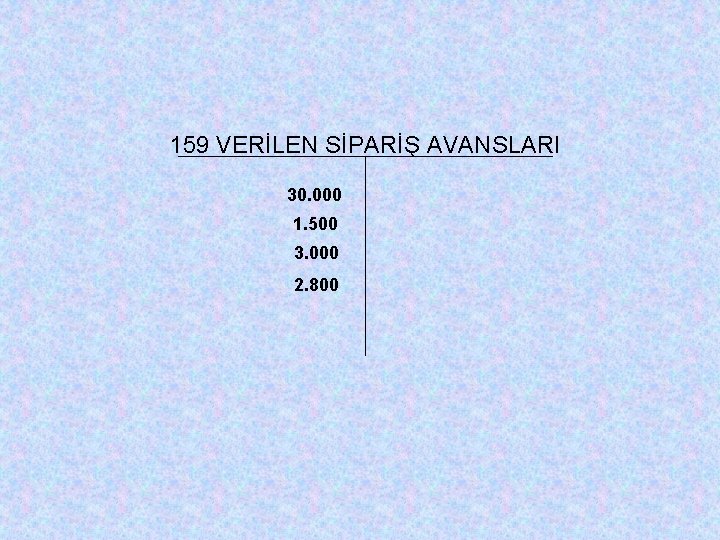 159 VERİLEN SİPARİŞ AVANSLARI 30. 000 1. 500 3. 000 2. 800 