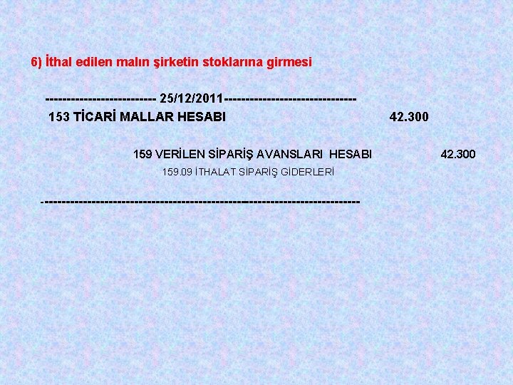 6) İthal edilen malın şirketin stoklarına girmesi ------------- 25/12/2011 ---------------153 TİCARİ MALLAR HESABI 159