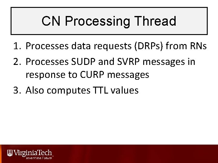 CN Processing Thread 1. Processes data requests (DRPs) from RNs 2. Processes SUDP and
