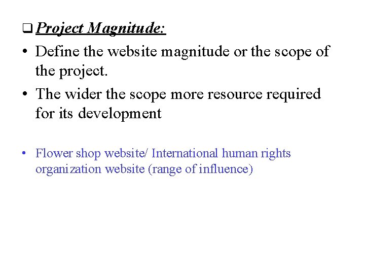 q Project Magnitude: • Define the website magnitude or the scope of the project.