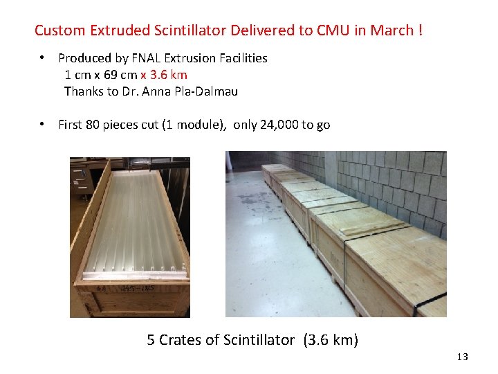 Custom Extruded Scintillator Delivered to CMU in March ! • Produced by FNAL Extrusion