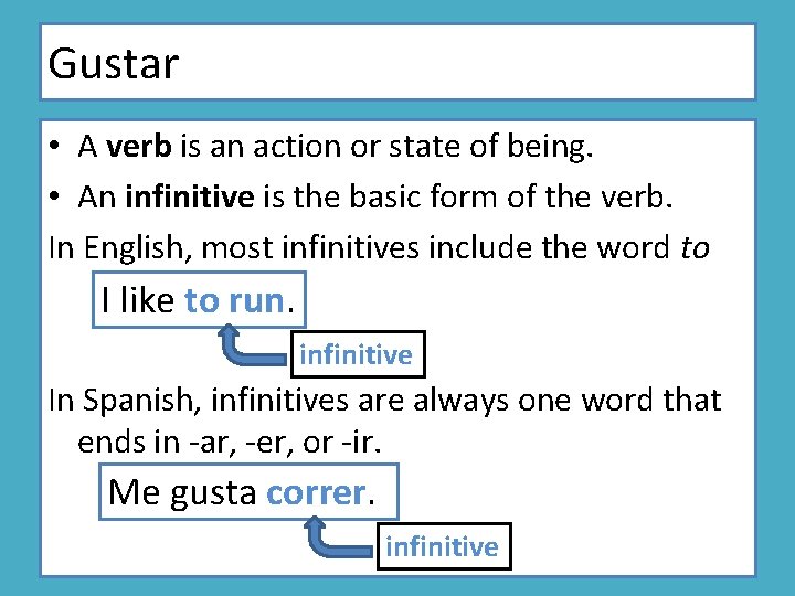Gustar • A verb is an action or state of being. • An infinitive