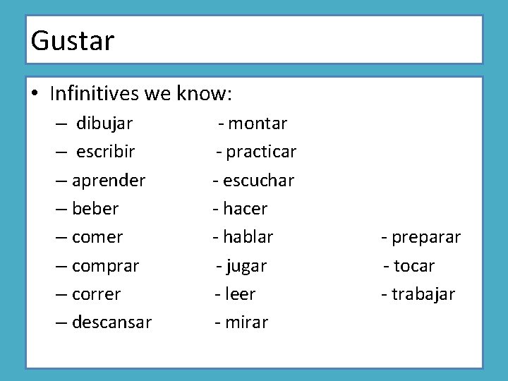 Gustar • Infinitives we know: – dibujar – escribir – aprender – beber –