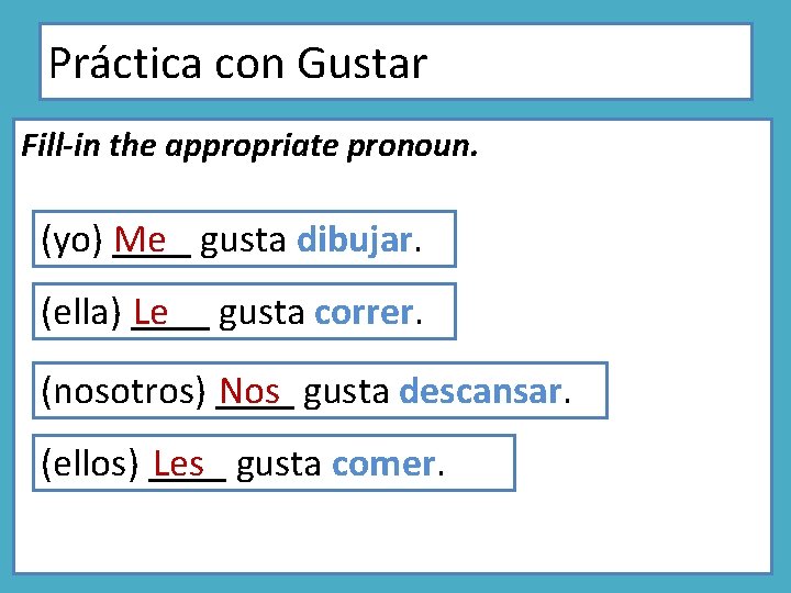 Práctica con Gustar Fill-in the appropriate pronoun. (yo) ____ Me gusta dibujar. (ella) ____