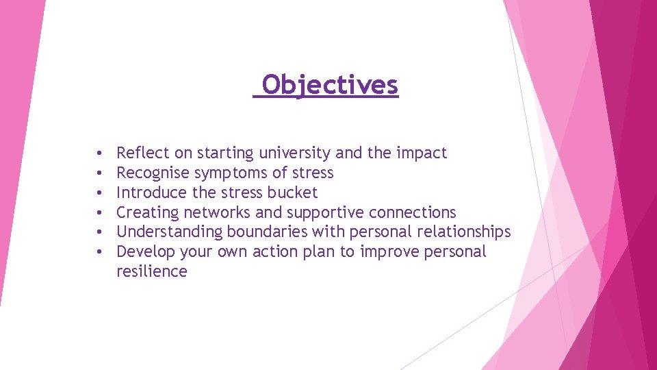 Objectives • • • Reflect on starting university and the impact Recognise symptoms of