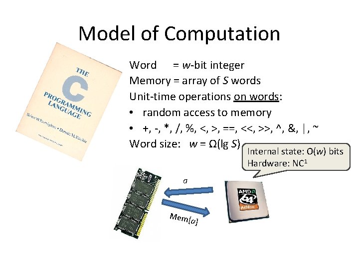 Model of Computation Word = w-bit integer Memory = array of S words Unit-time