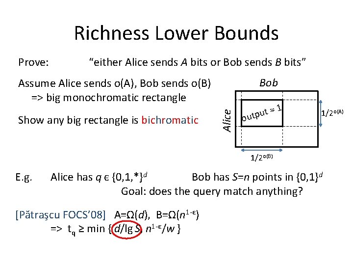 Richness Lower Bounds Prove: “either Alice sends A bits or Bob sends B bits”