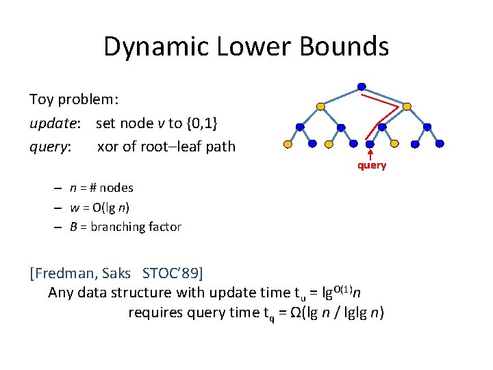 Dynamic Lower Bounds Toy problem: update: set node v to {0, 1} query: xor