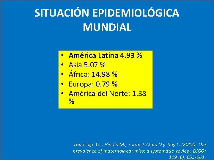 SITUACIÓN EPIDEMIOLÓGICA MUNDIAL • • • América Latina 4. 93 % Asia 5. 07