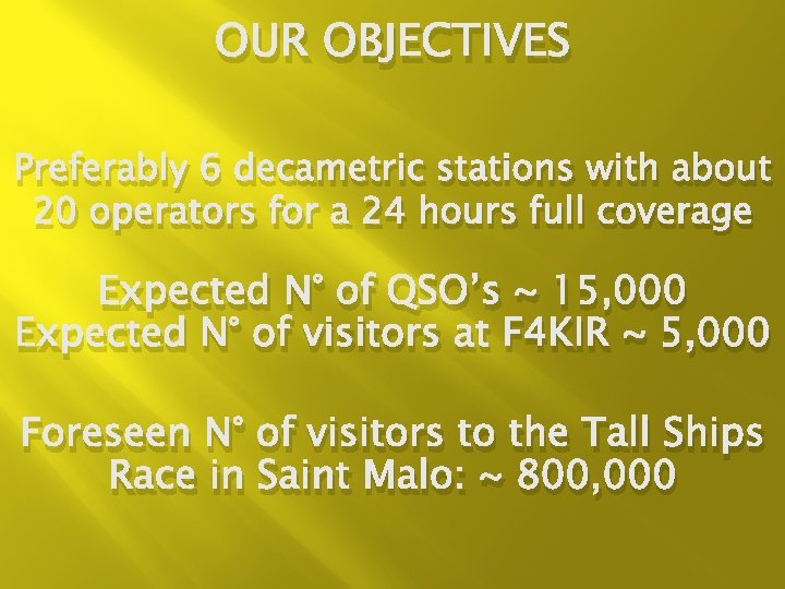 OUR OBJECTIVES Preferably 6 decametric stations with about 20 operators for a 24 hours
