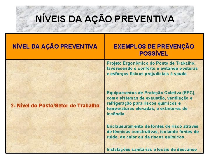 NÍVEIS DA AÇÃO PREVENTIVA NÍVEL DA AÇÃO PREVENTIVA EXEMPLOS DE PREVENÇÃO POSSÍVEL Projeto Ergonômico