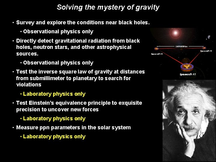 Solving the mystery of gravity • Survey and explore the conditions near black holes.