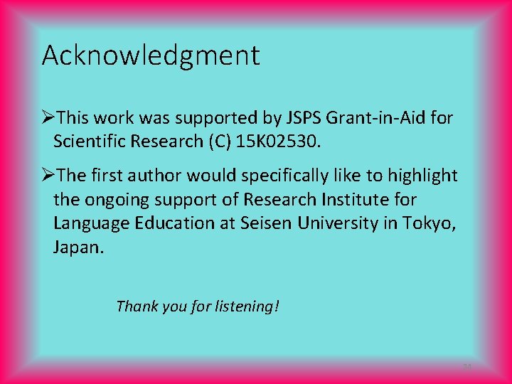 Acknowledgment ØThis work was supported by JSPS Grant-in-Aid for Scientific Research (C) 15 K