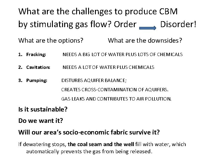 What are the challenges to produce CBM by stimulating gas flow? Order Disorder! What