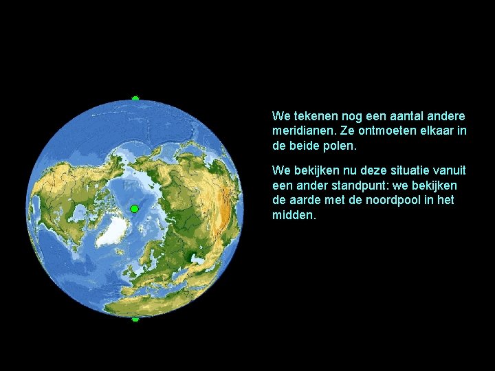 We tekenen nog een aantal andere meridianen. Ze ontmoeten elkaar in de beide polen.