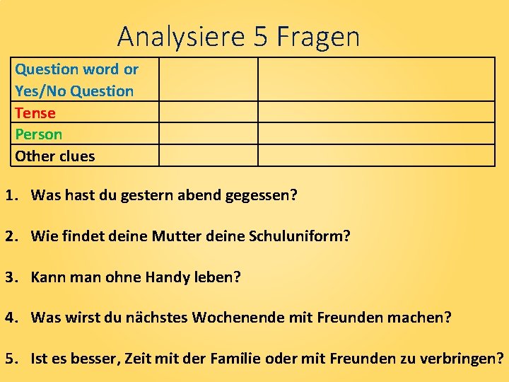 Analysiere 5 Fragen Question word or Yes/No Question Tense Person Other clues 1. Was