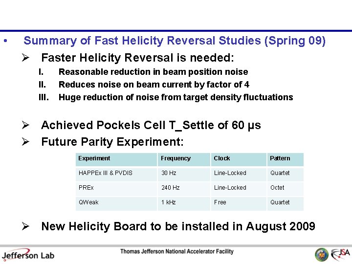  • Summary of Fast Helicity Reversal Studies (Spring 09) Ø Faster Helicity Reversal