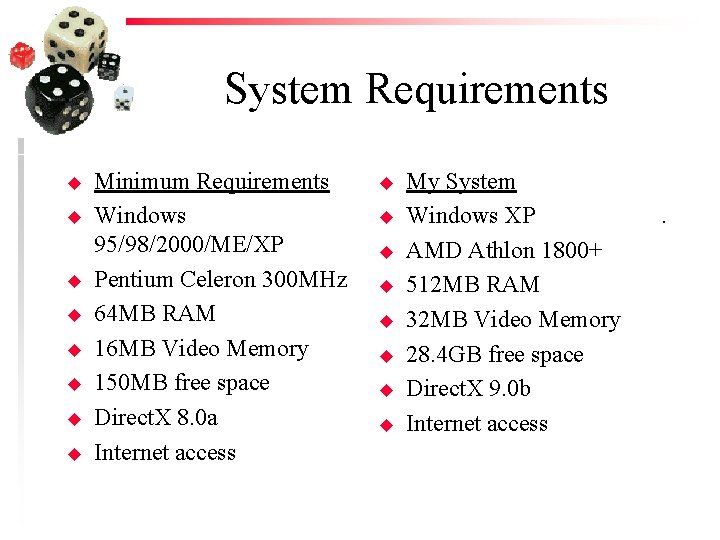 System Requirements u u u u Minimum Requirements Windows 95/98/2000/ME/XP Pentium Celeron 300 MHz