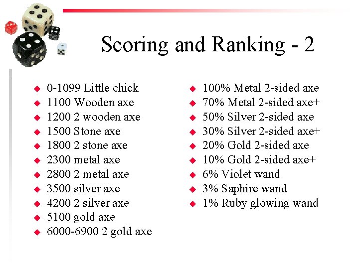Scoring and Ranking - 2 u u u 0 -1099 Little chick 1100 Wooden