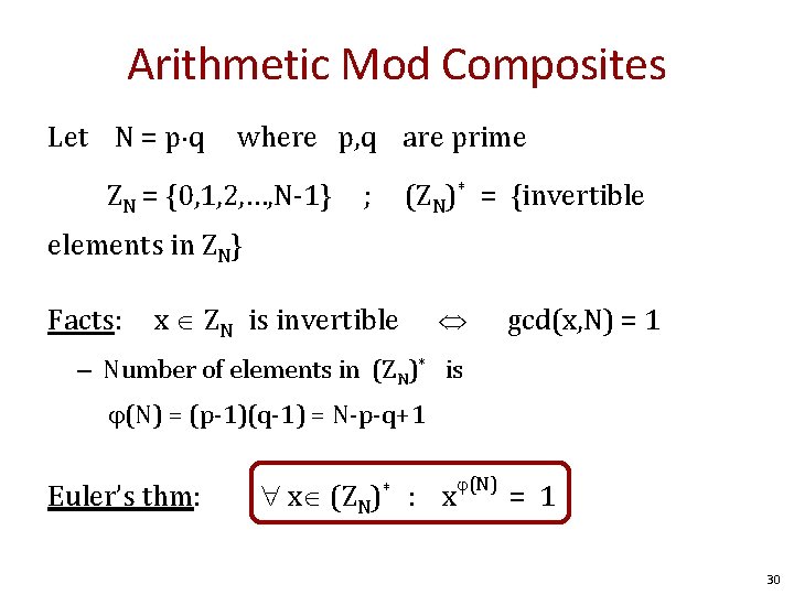 Arithmetic Mod Composites Let N = p q where p, q are prime ZN