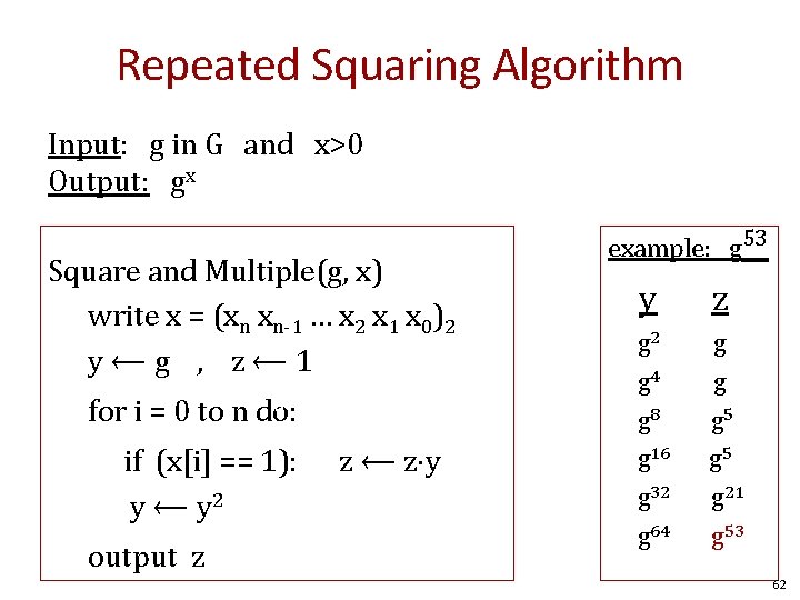 Repeated Squaring Algorithm Input: g in G and x>0 Output: gx Square and Multiple(g,