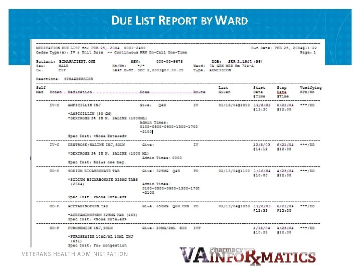 DUE LIST REPORT BY WARD VETERANS HEALTH ADMINISTRATION 