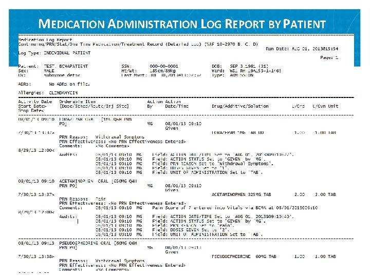 MEDICATION ADMINISTRATION LOG REPORT BY PATIENT VETERANS HEALTH ADMINISTRATION 