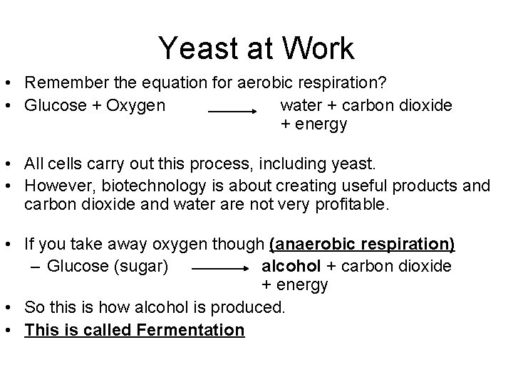 Yeast at Work • Remember the equation for aerobic respiration? • Glucose + Oxygen
