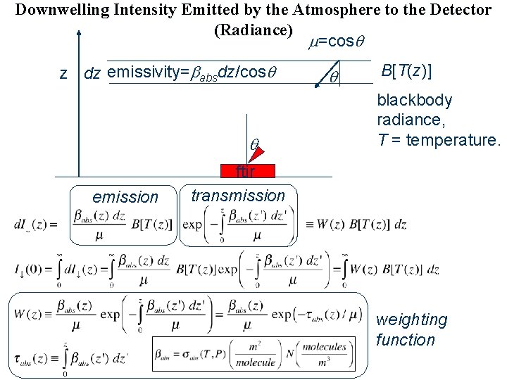 Downwelling Intensity Emitted by the Atmosphere to the Detector (Radiance) =cos z dz emissivity=